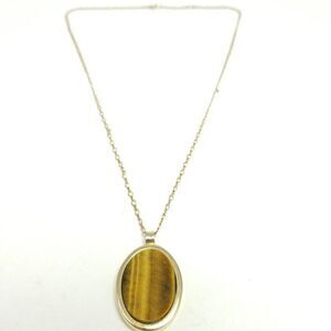 Vintage Tigers Eye Style Pendant, Oval Gold Tone Chain, Retro Estate Necklace